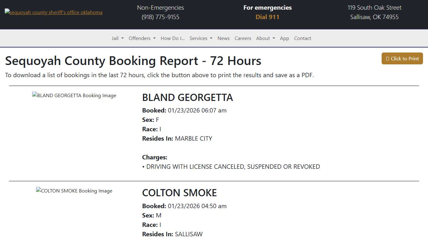 72 Hour Booking Report Sequoyah County Sheriff's Office